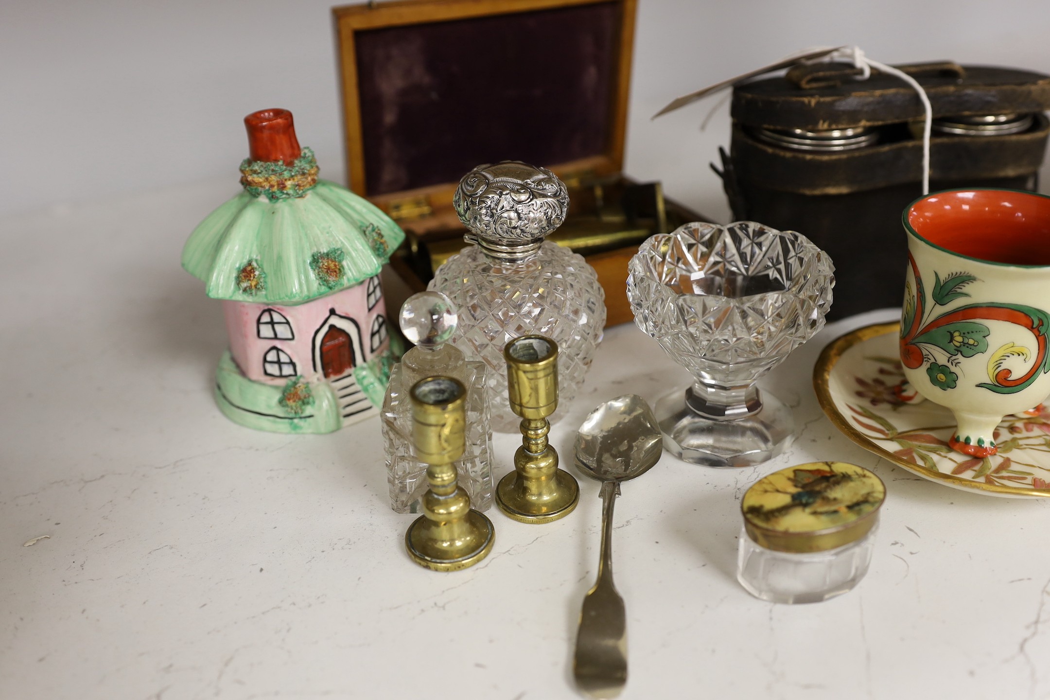 A Victorian silver topped bottle and box, silver spoon, enamel topped box, opera glasses, a portable microscope etc